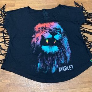 Women’s Bob Marley Black T-shirt with Fringe size small